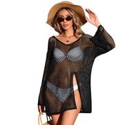 AOWVUTS Crochet Beach Cover Up for Women Sexy Bikini Cover Ups V Neck Hollow Out Swimwear Bathing Suit Knit Split Pullover Beach Dresses See Through Tee Shirt Long Sleeve Top for Party Black