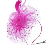 AOWVUTS Fascinators Hat Flower Mesh Ribbons Veil Feathers on a Headband and a Clip Elegant Bridal Headpiece Cocktail Tea Party Wedding Prom Headwear for Girls and Women