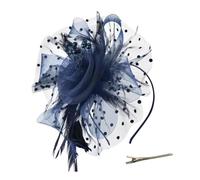 AOWVUTS Fascinators Hat Flower Mesh Ribbons Veil Feathers on a Headband and a Clip Elegant Bridal Headpiece Cocktail Tea Party Wedding Prom Headwear for Girls and Women (UK, Alpha, One Size, NavyBlu)