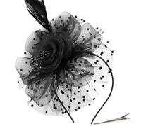AOWVUTS Fascinators Hat Flower Mesh Ribbons Veil Feathers on a Headband and a Clip Elegant Bridal Headpiece Cocktail Tea Party Wedding Prom Headwear for Girls and Women