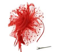 AOWVUTS Fascinators Hat Flower Mesh Ribbons Veil Feathers on a Headband and a Clip Elegant Bridal Headpiece Cocktail Tea Party Wedding Prom Headwear for Girls and Women Red