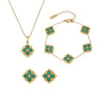 AOWVUTS Four-Leaf Clover Jewellery Set for Women Girls 18K Gold Plated Clover Pendant Necklace Bracelet Earrings Adjustable Double-sided Lucky Leaf Jewelry Gifts for Birthday Valentine's Day (Green)