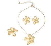 AOWVUTS Jewellery Set for Women Flower Statement Pendant Necklace Stud Earrings Rings Set Chunky Hypoallergenic Five-Petal Flower Necklace Floral Earrings Rings Jewelry Set (Copper)