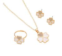 AOWVUTS Jewellery Sets for Women, Four-Leaf Clover Necklace Earrings and Ring Set, Pendant with Sparkling Rhinestones, Flower Heart Shape Lucky Gold Jewellery Set, 3Pcs Jewellery Gifts (White)