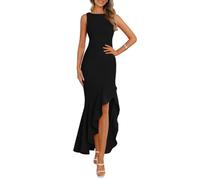 AOWVUTS Maxi Formal Evening Dress Sexy Sleeveless Bodycon Round Neck Long Dresses Elegant Flutter Ruffle Mermaid Dresses Wedding Guest Dress for Party Cocktail Black
