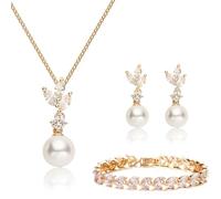 AOWVUTS Pearl Jewellery for Women Wedding Bridal Necklace Earrings and Crystal Bracelet Set with Cubic Zirconia 18K Gold Plated Costume Jewelry Set for Party Prom Bridal Bridesmaid