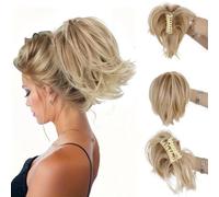 AOWVUTS Ponytail Extension Claw Clip in Short Curly Ponytail Hair Extension Natural Straight Synthetic Fake Hairpieces Fluffy Messy Hair Piece Jaw Clip on Pony Tails Hairpiece for Women