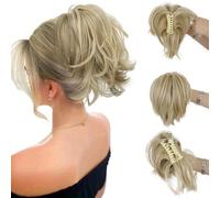 AOWVUTS Ponytail Extension Claw Clip in Short Curly Ponytail Hair Extension Natural Straight Synthetic Fake Hairpieces Fluffy Messy Hair Piece Jaw Clip on Pony Tails Hairpiece for Women
