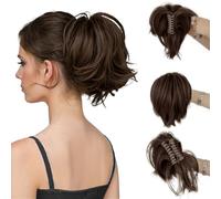 AOWVUTS Ponytail Extension Claw Clip in Short Curly Ponytail Hair Extension Natural Straight Synthetic Fake Hairpieces Fluffy Messy Hair Piece Jaw Clip on Pony Tails Hairpiece for Women