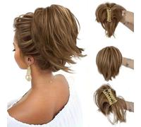 AOWVUTS Ponytail Extension Claw Clip in Short Curly Ponytail Hair Extension Natural Straight Synthetic Fake Hairpieces Fluffy Messy Hair Piece Jaw Clip on Pony Tails Hairpiece for Women