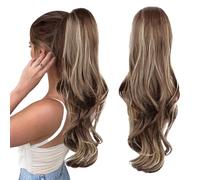 AOWVUTS Ponytail Extension Long Curly Wavy Drawstring Pony Hair Extensions Synthetic Long Hairpieces for Women Soft Natural Pony Tails Extensions for Daily Use Party Halloween (Gold Brown)