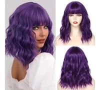 AOWVUTS Short Wavy Wigs with Bangs for Women Bob Wig Synthetic Shoulder Length Wig Natural Wave Heat Resistant Hair Fiber Curly Fringe Wigs for Ladies Cosplay Party Fancy Dress Daily Use