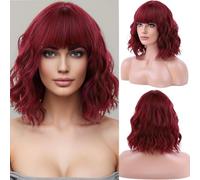 AOWVUTS Short Wavy Wigs with Bangs for Women Bob Wig Synthetic Shoulder Length Wig Natural Wave Heat Resistant Hair Fiber Curly Fringe Wigs for Ladies Cosplay Party Fancy Dress Daily Use