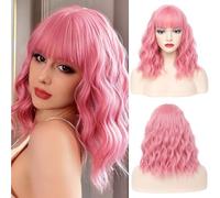 AOWVUTS Short Wavy Wigs with Bangs for Women Bob Wig Synthetic Shoulder Length Wig Natural Wave Heat Resistant Hair Fiber Curly Fringe Wigs for Ladies Cosplay Party Fancy Dress Daily Use
