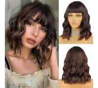 AOWVUTS Short Wavy Wigs with Bangs for Women Bob Wig Synthetic Shoulder Length Wig Natural Wave Heat Resistant Hair Fiber Curly Fringe Wigs for Ladies Cosplay Party Fancy Dress Daily Use