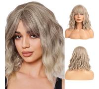 AOWVUTS Short Wavy Wigs with Bangs for Women Bob Wig Synthetic Shoulder Length Wig Natural Wave Heat Resistant Hair Fiber Curly Fringe Wigs for Ladies Cosplay Party Fancy Dress Daily Use