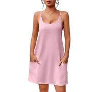 AOWVUTS Sleeveless Nightdresses for Women Ladies Soft Nighties with Pockets Sexy Negligees Strap Chemises Full Slips Round Neck Sleepwear Nightgown Loose Casual Short Nightwear Jersey Lingerie Pink