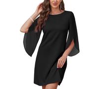 AOWVUTS Women Elegant Cocktail Dresses A Line Chiffon Shift Dresses 3/4 Sleeve Crew Neck Midi Ocassion Dress Flutter Sleeve Formal Trendy Party Wedding Guest Evening Dress Black