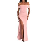 AOWVUTS Women Evening Party Dress High Slit Prom Dress Sexy Split Off Shoulder Dinner Gowns Dresses Ladies Solid Elegant Wrap Maxi Dresses for Cocktail Club Wedding Formal Gowns Pink