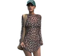 AOWVUTS Women Sexy Dress Leopard Print Long Sleeve Slim Dress Crew Neck Slim Fit Mini Dress Casual Bodycon Short Dresses See Through Party Club Dress Clubwear