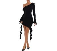 AOWVUTS Women Off Shoulder Dress Long Sleeve Bodycon Mini Dress Sexy Going Out Dresses Casual Ruffle Trim Slim Fit Tight Dress Irregular Hem Plain Backless Dress for Party Cocktail Night Out Clubwear