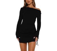 AOWVUTS Women Off Shoulder Mini Dress Sexy Long Sleeve Ruched Short Dresses Drawstring Side Slit Bodycon Dress Elegant Slim Fit Fall Wrap Dresses for Party Cocktail Going Out Clubbing Black