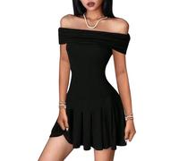 AOWVUTS Women Off Shoulder Mini Dress Sexy Ruched Sleeveless Short Dresses Elegant Stretchy Slim Fit Bodycon A Line Swing Dress Summer Party Night Going Out Cocktail Clubbing Dresses Black