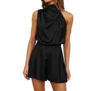 AOWVUTS Women Playsuit Ladies Elegant Sleeveless Shorts Jumpsuit Satin Mock Neck Romper Loose Casual Dungarees Summer One Piece Beach Party Mini Playsuits