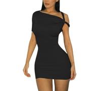 AOWVUTS Women Sexy One Shoulder Mini Dress - Irregular Sleeve Bodycon Tee Short Wrap Cami Party Club Slim Fit Tank Y2k Clubwear Black