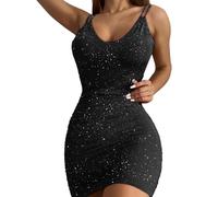 AOWVUTS Women Sparkle Sequin Mini Dress Spaghetti Strap Glitter Short Wrap Cami Dress Sexy Bodycon Ruched Tank Dress Backless Sleeveless Strappy Tight Dresses for Party Club Disco Black