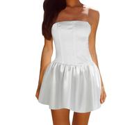 AOWVUTS Women Strapless Mini Dress Sleeveless Backless Slim Fit A-line Dress Summer Satin Bandeau Tube Dresses Sexy Ruched Bodycon Dresses Elegant Clubbing Cocktail Party Short Dres White