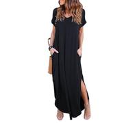 AOWVUTS Women Summer Maxi Dress Short Sleeve Casual Dress Loose Long Dress Crew Neck T Shirt Dress Solid Plain Sundress with Pocket Black
