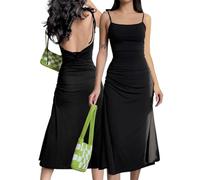 AOWVUTS Women's Backless Dresses Ladies Sexy Spaghetti Strap Sleeveless Long Dress Long Slip Maxi Dresses Ruched Bodycon Cocktail Dress Cami Dress Square Neck Club Party Clubwear Tank Dress Black