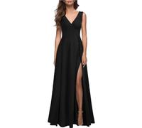 AOWVUTS Women's Evening Dresses Elegant V-Neck High Slit Maxi Dress Sleeveless Floor Length Long Dresses Sexy Empire Waist Formal Gowns Party Prom Wedding Guest Dress Black
