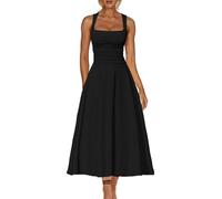 AOWVUTS Women's Formal Cocktail Dresses Elegant Sleeveless Square Neck Maxi Dress Casual Ruched Swing A-Line Solid Long Dresses Modest Tea Party Church Dress for Prom Evening Wedding Guest Black