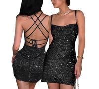 AOWVUTS Women's Glitter Sequin Mini Dress Bodycon Ruched Tank Sparkly Backless Cross Straps Sleeveless Slim Fit Party Club Short Wrap Cami Clubwear Black