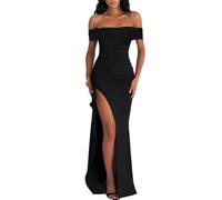 AOWVUTS Women Evening Party Dress High Slit Prom Dress Sexy Split Off Shoulder Dinner Gowns Dresses Ladies Solid Elegant Maxi Dresses Wrap Dress for Cocktail Club Wedding Formal Gowns Black