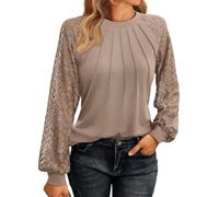 AOWVUTS Womens Lace Long Sleeve Top Front Pleated Blouse Crew Neck Casual T Shirts Loose Ladies Tops Plain Dressy Business Work Tunic Shirts (UK, Alpha, M, Regular, Regular, Khaki)