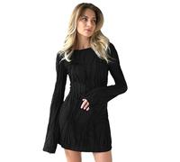 AOWVUTS Womens Long Sleeve Mini Dress Textured Round Neck Casual T-Shirt Dress Elastic Soft Slim Fit Short Dress Tunic Bodycon Dress Y2K Going Out Party Club Dresses Black