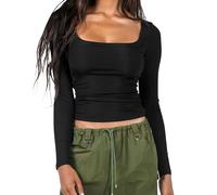 AOWVUTS Womens Long Sleeve Slim Fit Tops Sexy Square Neck Tight T-Shirt Y2k Going Out Crop Tops Basic Blouse Tee Tops Casual Solid Color Top Blouse Aesthetic Streetwear Black