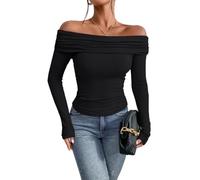 AOWVUTS Women's Long Sleeve Top Sexy Off Shoulder Top Slim Fit Crop Tops Casual Tight T-Shirt Solid Color Blouse Tee Tops Y2K Going Out Crop Clothes Club Party Streetwear for Ladies Girls Black