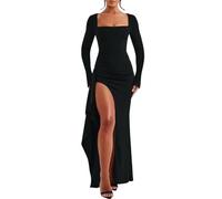 AOWVUTS Womens Maxi Dress Elegant Long Sleeve Square Neck Party Long Dresses Sexy Wrap High Slit Prom Evening Dresses Ruched Bodycon Formal Gowns for Club Wedding Cocktail Autumn Black