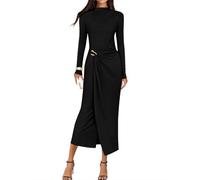 AOWVUTS Womens Maxi Dress Sexy Long Sleeve Mock Neck Ruched Bodycon Long Dresses Wedding Guest Dress Elegant Formal Party Dresses for Evening Prom Cocktail Black
