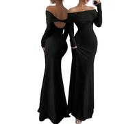 AOWVUTS Womens Maxi Dress Sexy Off The Shoulder Long Sleeve Long Dress Elegant Backless Bodycon Ruched Formal Evening Party Dresses Night Out Wedding Cocktail Club Dresses Black