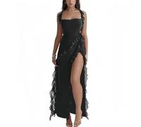 AOWVUTS Womens Maxi Dress Sexy Sleeveless Long Dresses Sqaure Neck High Slit Prom Dress Elegant Backless Ruffle Hem Bodycon Evening Dresses for Party Cocktail Club Wedding Formal Black