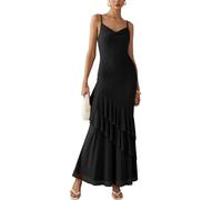 AOWVUTS Women's Maxi Dress Sexy Spaghetti Strap Tiered Long Dress V Neck Sleeveless A Line Dresses Elegant Cami Beach Party Sundress Wedding Guest Prom Cocktail Evening Dresses Black