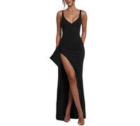 AOWVUTS Women's Maxi Evening Dress Elegant Spaghetti Straps Sleeveless Dresses V Neck Bodycon Long Dresses Sexy High Slit Formal Gowns Dress for Prom Bridesmaids Club Cocktail Party Black