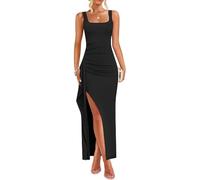 AOWVUTS Women's Maxi Formal Evening Dress Elegant Sleeveless Long Dresses Square Neck Bodycon Sexy High Slit Gowns Dresses Solid Color Prom Dress for Club Cocktail Party Black