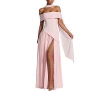 AOWVUTS Womens Off The Shoulder Maxi Dress Elegant Backless Bodycon Long Dresses with Scarf Sexy High Slit Ball Gowns Formal Bridesmaid Evening Dress for Party Cocktail Prom Wedding Guest Pink