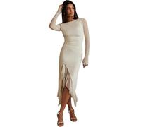 AOWVUTS Women Mesh Long Sleeve Dress Sexy Ruched Long Cocktail Dress Wrap Crew Neck Elegant Party Dress Ladies Ruffled Bodycon Maxi Dresses High Waist Slit Evening Dress Clubbing Dress White